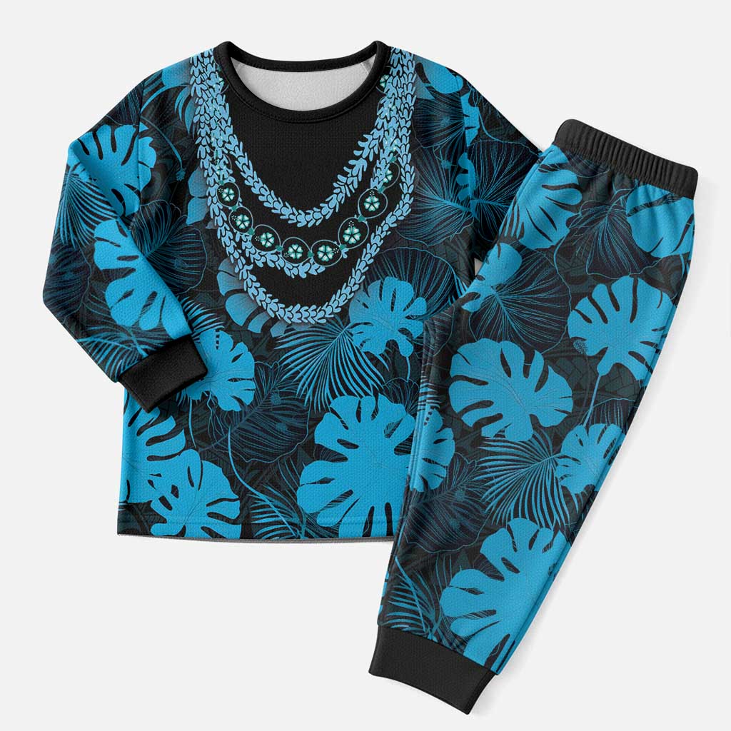 Blue Hawaii Kukui Nut Lei Christmas Pajama Set Hawaiian Pattern Monstera Tropical Vibes LT14 Men Blue - Polynesian Pride