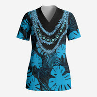 Blue Hawaii Kukui Nut Lei Scrub Top Hawaiian Pattern Monstera Tropical Vibes LT14 Adult Blue - Polynesian Pride