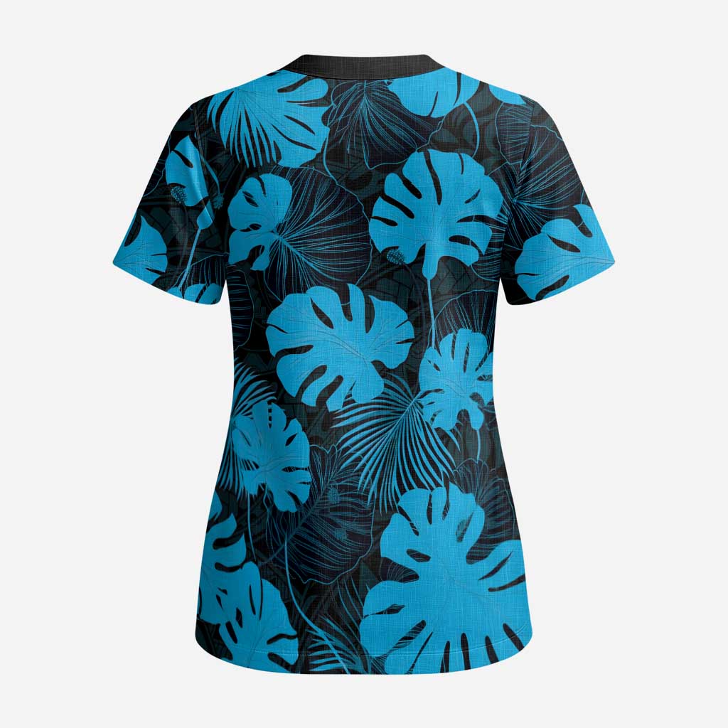 Blue Hawaii Kukui Nut Lei Scrub Top Hawaiian Pattern Monstera Tropical Vibes LT14 - Polynesian Pride