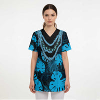Blue Hawaii Kukui Nut Lei Scrub Top Hawaiian Pattern Monstera Tropical Vibes LT14 - Polynesian Pride