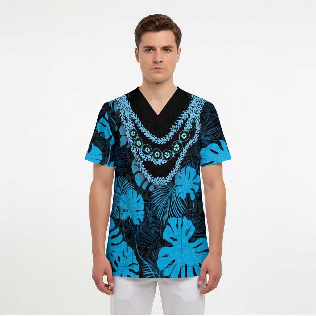 Blue Hawaii Kukui Nut Lei Scrub Top Hawaiian Pattern Monstera Tropical Vibes LT14 - Polynesian Pride