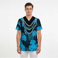 Blue Hawaii Kukui Nut Lei Scrub Top Hawaiian Pattern Monstera Tropical Vibes LT14 - Polynesian Pride