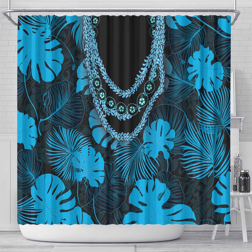 Blue Hawaii Kukui Nut Lei Shower Curtain Hawaiian Pattern Monstera Tropical Vibes LT14 - Polynesian Pride