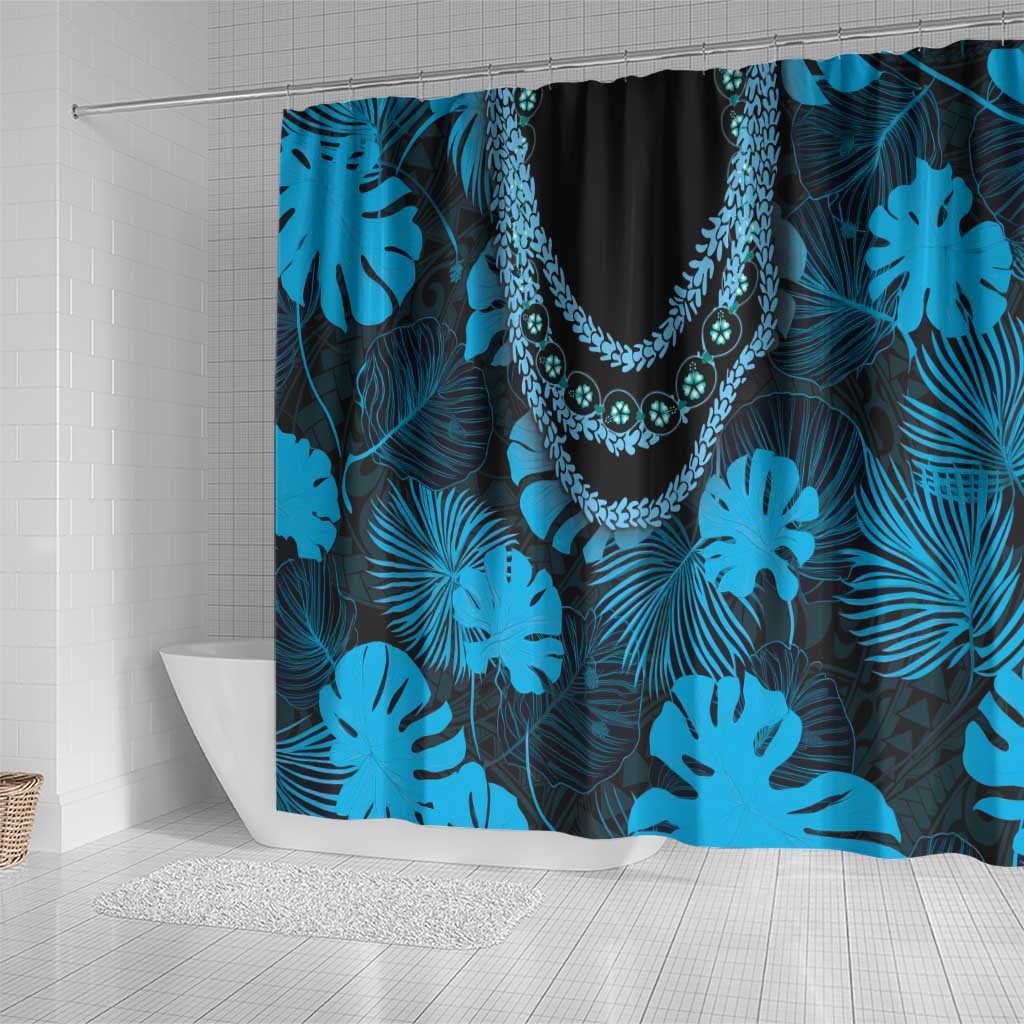 Blue Hawaii Kukui Nut Lei Shower Curtain Hawaiian Pattern Monstera Tropical Vibes LT14 - Polynesian Pride