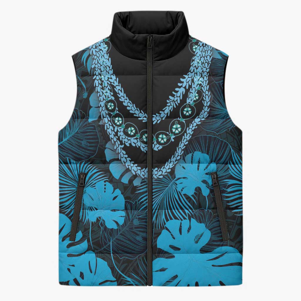 Blue Hawaii Kukui Nut Lei Sleeveless Puffer Jacket Hawaiian Pattern Monstera Tropical Vibes LT14 Unisex Blue - Polynesian Pride