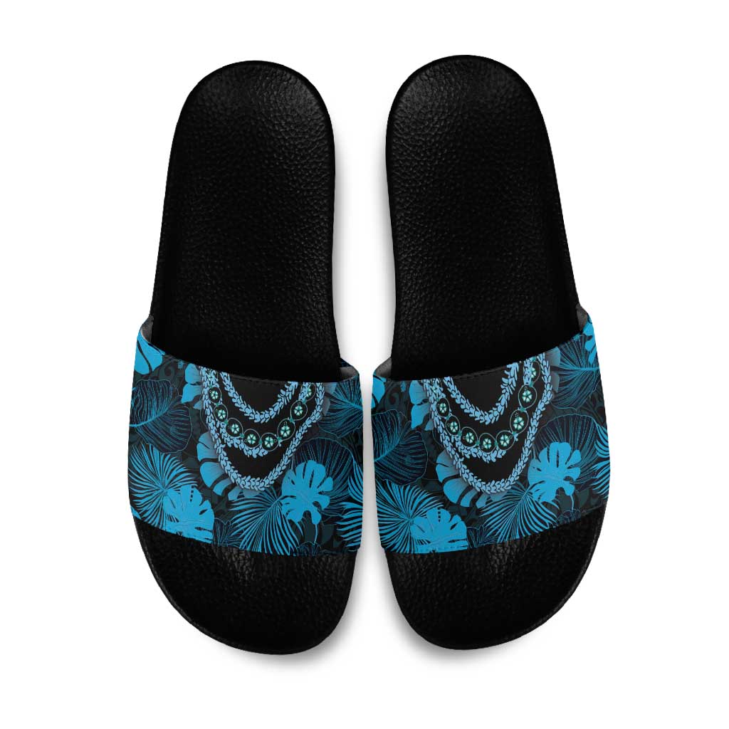 Blue Hawaii Kukui Nut Lei Slide Sandals Hawaiian Pattern Monstera Tropical Vibes LT14 Blue - Polynesian Pride