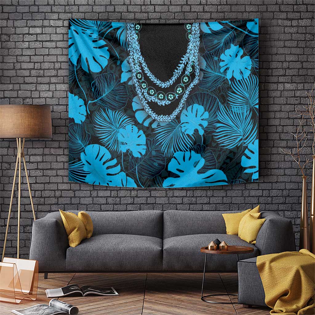 Blue Hawaii Kukui Nut Lei Tapestry Hawaiian Pattern Monstera Tropical Vibes LT14 Blue - Polynesian Pride