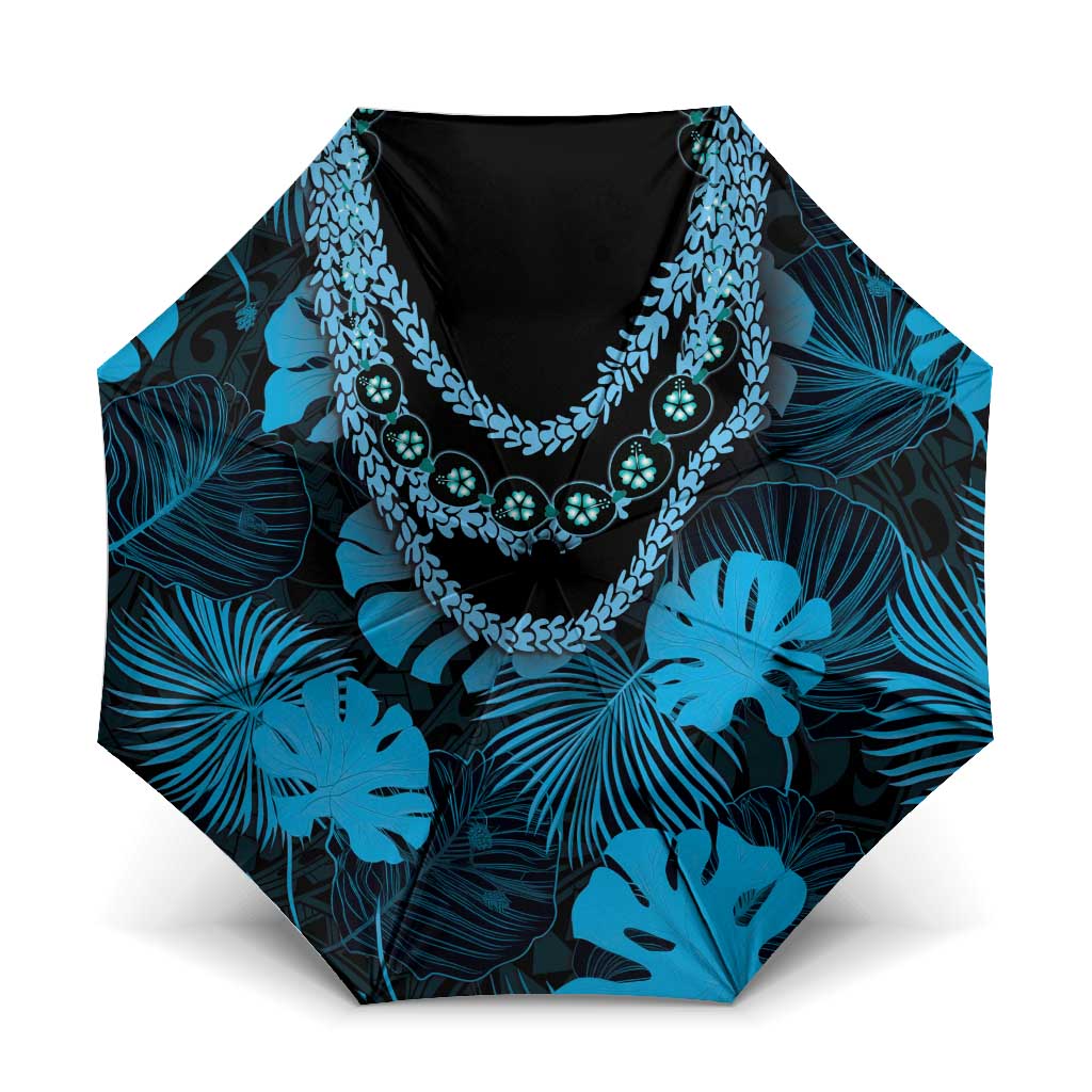 Blue Hawaii Kukui Nut Lei Umbrella Hawaiian Pattern Monstera Tropical Vibes LT14 One Size Folded 11.42 inch Opened Diameter 37.4 inch Blue - Polynesian Pride