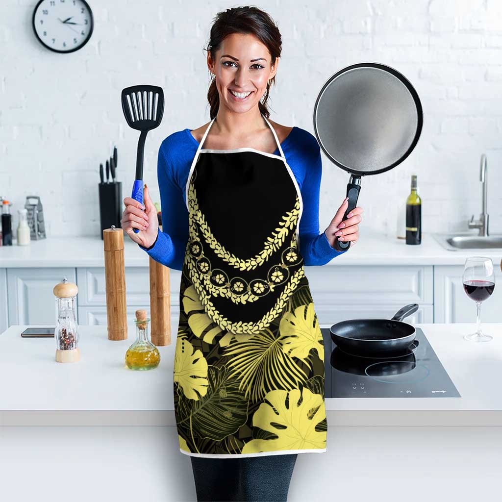 Yellow Hawaii Kukui Nut Lei Apron Hawaiian Pattern Monstera Tropical Vibes LT14 - Polynesian Pride