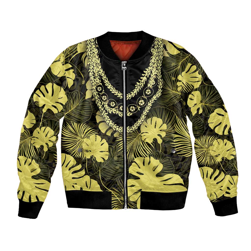 Yellow Hawaii Kukui Nut Lei Bomber Jacket Hawaiian Pattern Monstera Tropical Vibes LT14 Unisex Yellow - Polynesian Pride