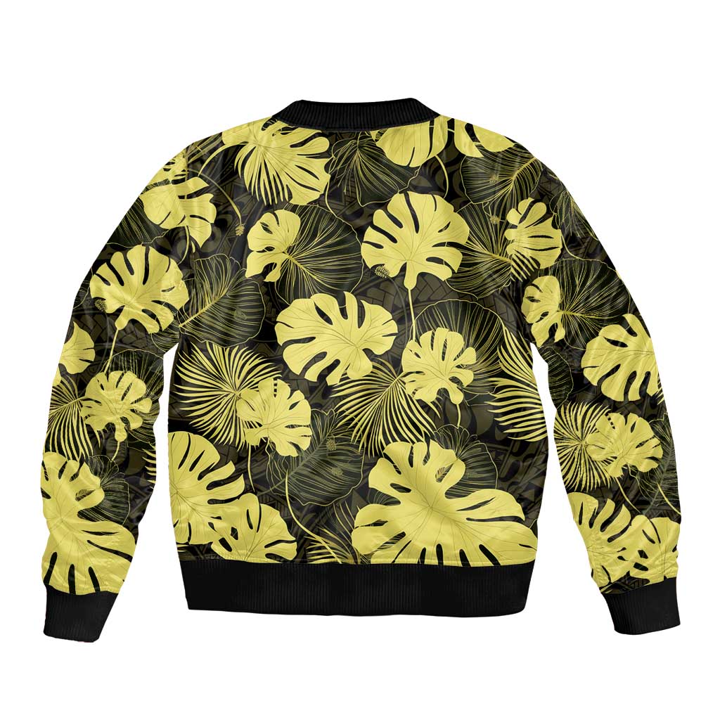 Yellow Hawaii Kukui Nut Lei Bomber Jacket Hawaiian Pattern Monstera Tropical Vibes LT14 - Polynesian Pride
