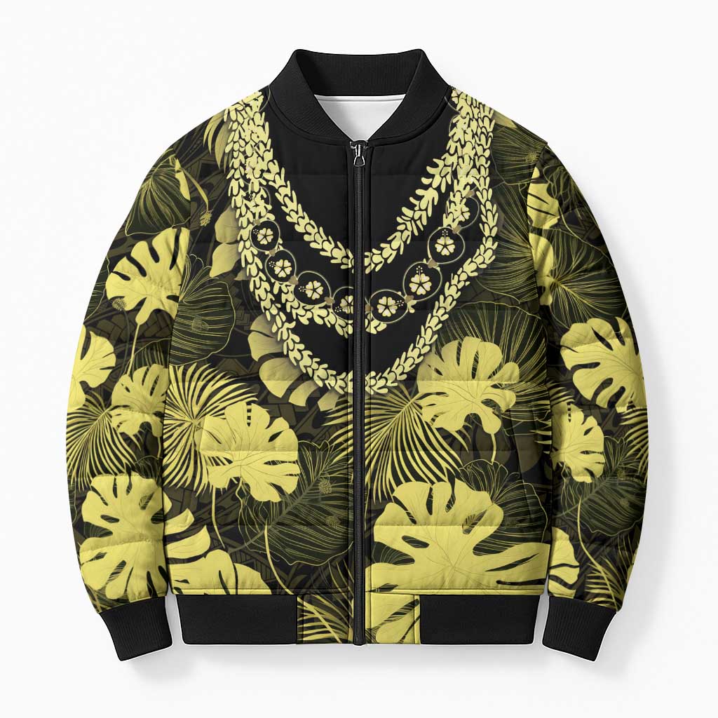 Yellow Hawaii Kukui Nut Lei Bomber Puffer Jacket Hawaiian Pattern Monstera Tropical Vibes LT14 Unisex Yellow - Polynesian Pride