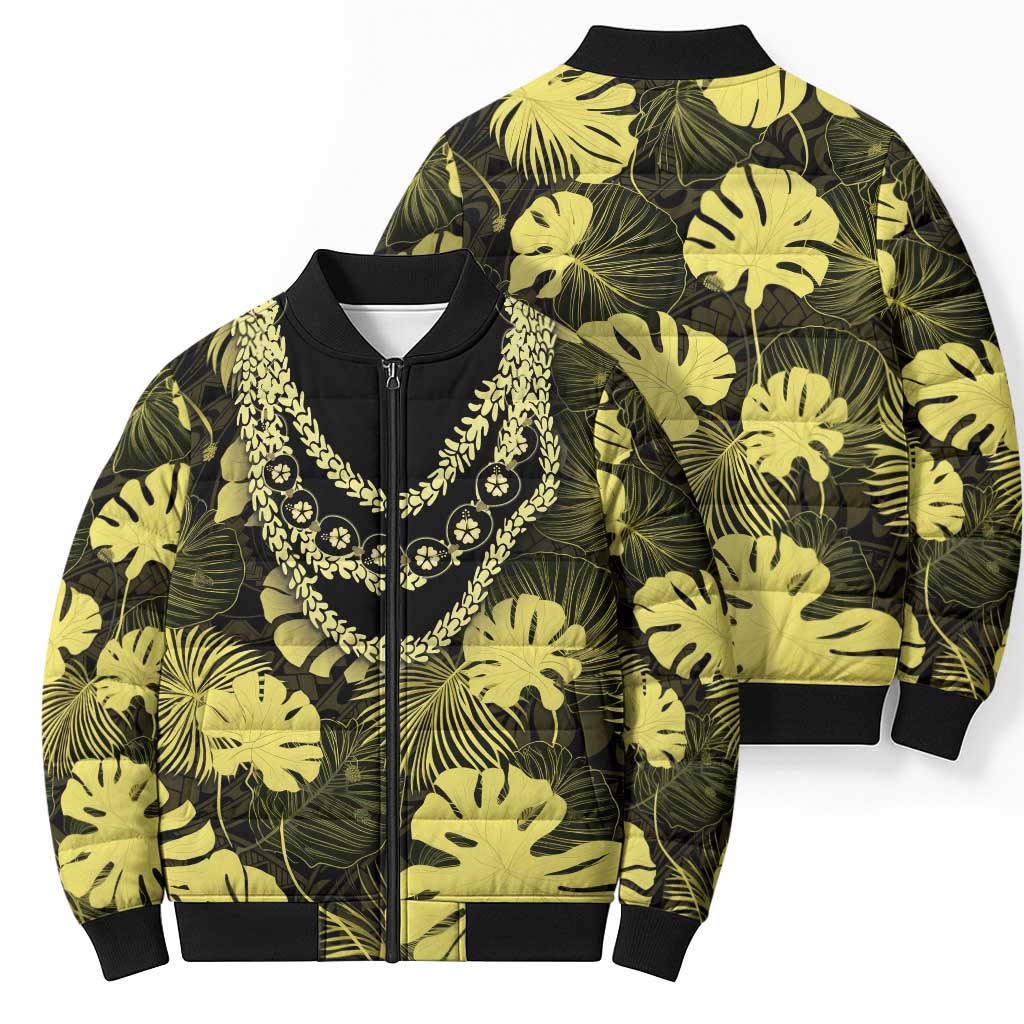 Yellow Hawaii Kukui Nut Lei Bomber Puffer Jacket Hawaiian Pattern Monstera Tropical Vibes LT14 - Polynesian Pride