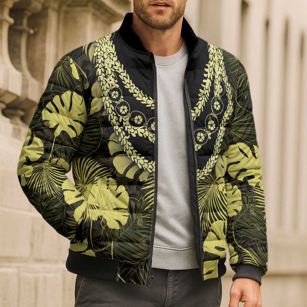 Yellow Hawaii Kukui Nut Lei Bomber Puffer Jacket Hawaiian Pattern Monstera Tropical Vibes LT14 - Polynesian Pride