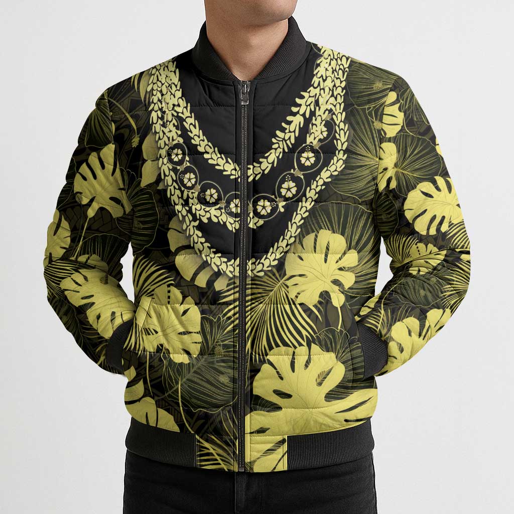 Yellow Hawaii Kukui Nut Lei Bomber Puffer Jacket Hawaiian Pattern Monstera Tropical Vibes LT14 - Polynesian Pride