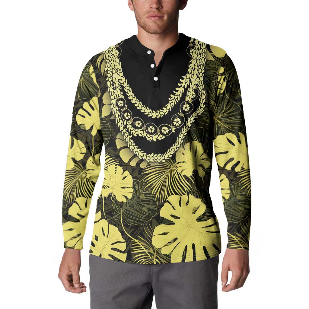 Yellow Hawaii Kukui Nut Lei Button Sweatshirt Hawaiian Pattern Monstera Tropical Vibes LT14 - Polynesian Pride