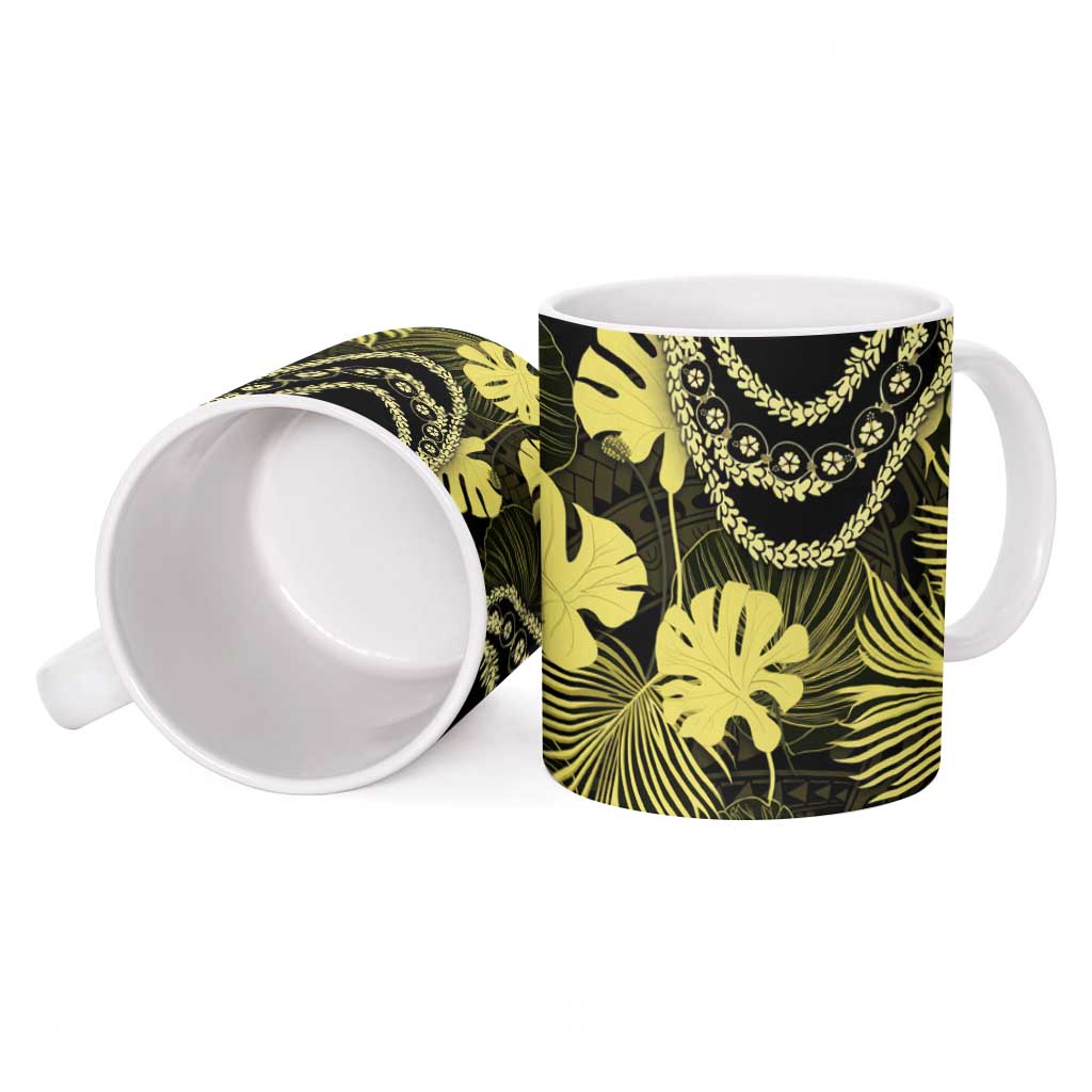 Yellow Hawaii Kukui Nut Lei Ceramic Mug Hawaiian Pattern Monstera Tropical Vibes LT14 - Polynesian Pride