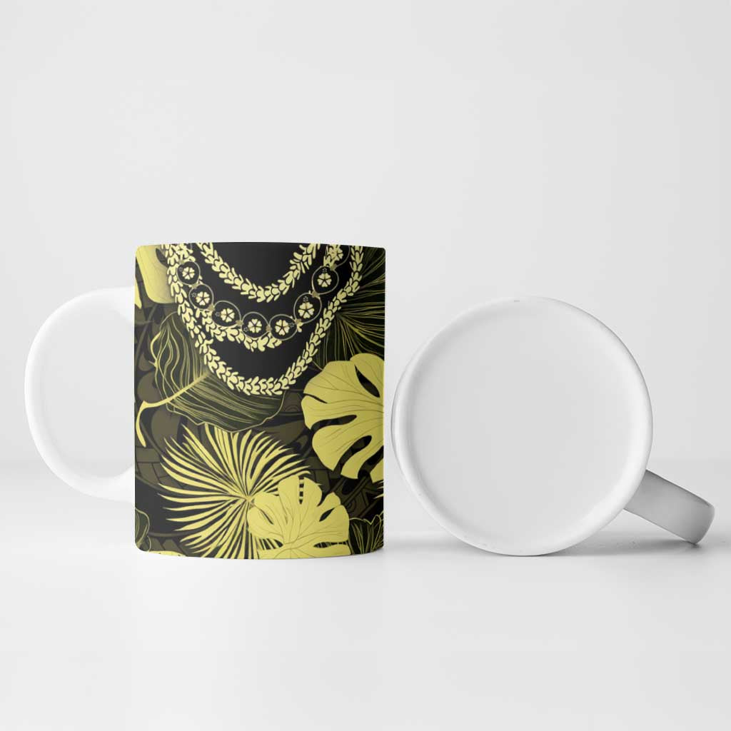 Yellow Hawaii Kukui Nut Lei Ceramic Mug Hawaiian Pattern Monstera Tropical Vibes LT14 - Polynesian Pride