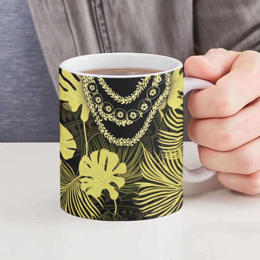 Yellow Hawaii Kukui Nut Lei Ceramic Mug Hawaiian Pattern Monstera Tropical Vibes LT14 - Polynesian Pride
