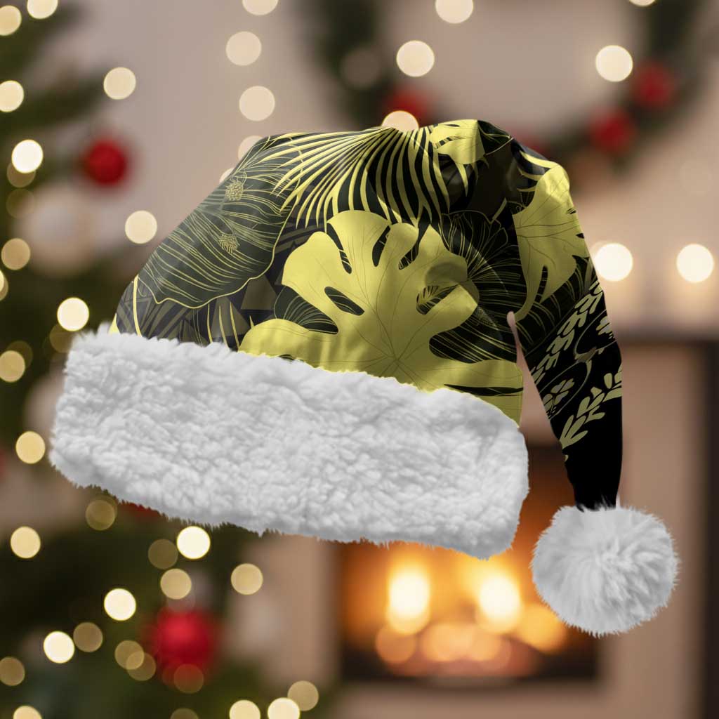 Yellow Hawaii Kukui Nut Lei Christmas Santa Hat Hawaiian Pattern Monstera Tropical Vibes LT14 With Fur Yellow - Polynesian Pride