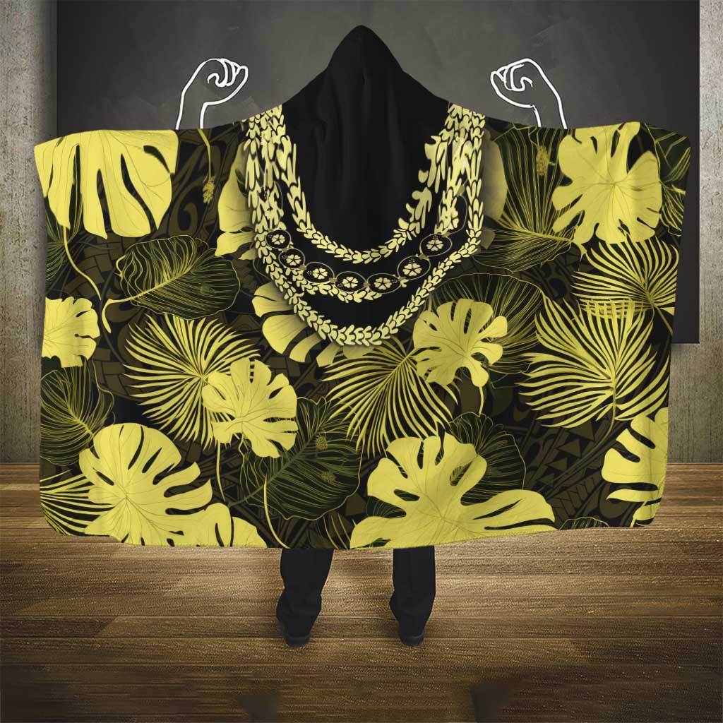 Yellow Hawaii Kukui Nut Lei Hooded Blanket Hawaiian Pattern Monstera Tropical Vibes LT14 - Polynesian Pride