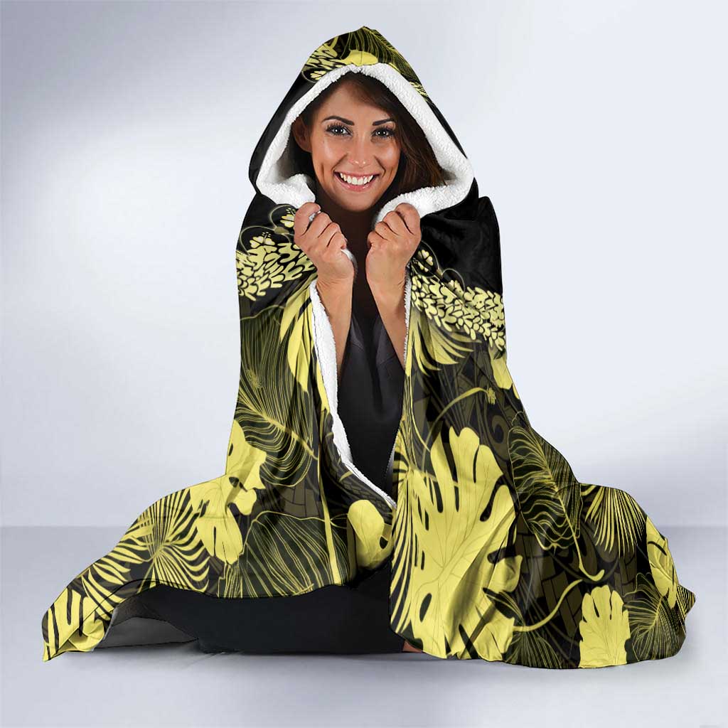 Yellow Hawaii Kukui Nut Lei Hooded Blanket Hawaiian Pattern Monstera Tropical Vibes LT14 - Polynesian Pride