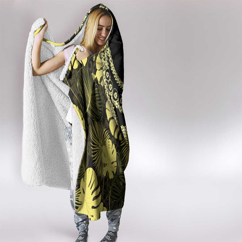 Yellow Hawaii Kukui Nut Lei Hooded Blanket Hawaiian Pattern Monstera Tropical Vibes LT14 - Polynesian Pride