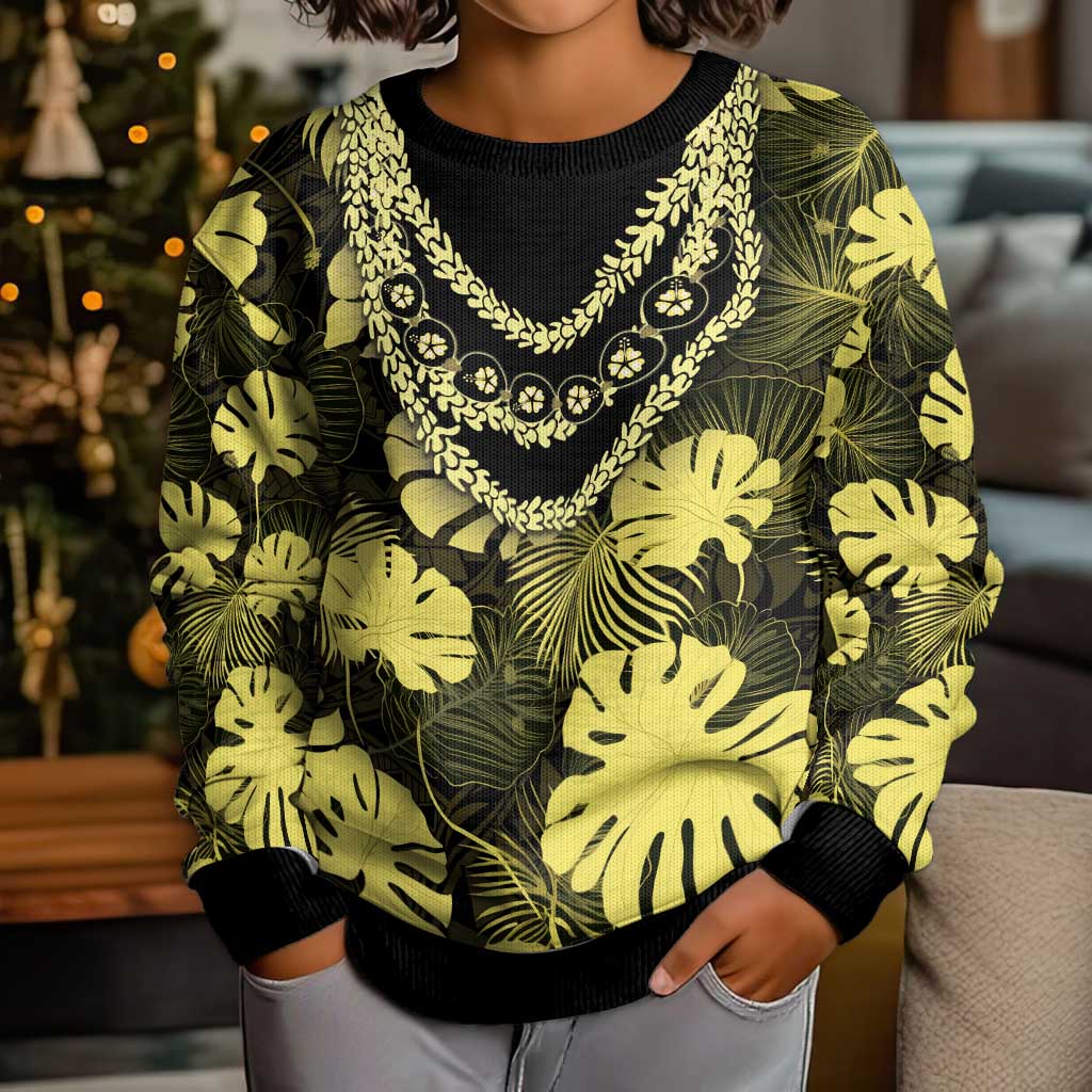 Yellow Hawaii Kukui Nut Lei Kid Ugly Christmas Sweater Hawaiian Pattern Monstera Tropical Vibes LT14 - Polynesian Pride