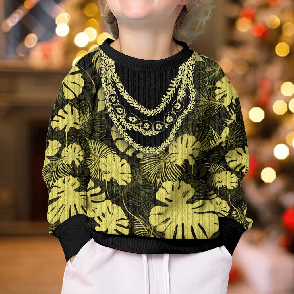 Yellow Hawaii Kukui Nut Lei Kid Ugly Christmas Sweater Hawaiian Pattern Monstera Tropical Vibes LT14 - Polynesian Pride