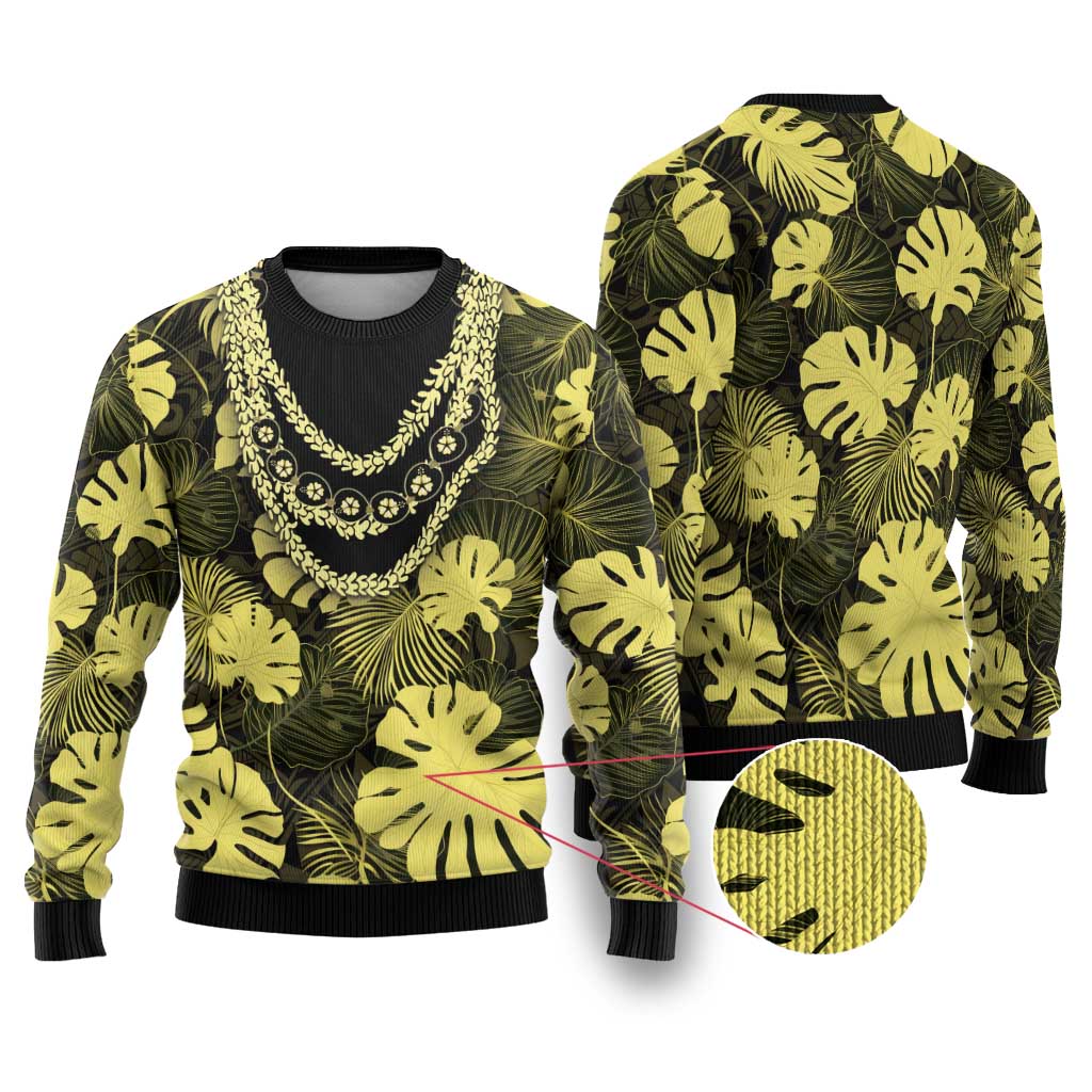 Yellow Hawaii Kukui Nut Lei Ugly Christmas Sweater Hawaiian Pattern Monstera Tropical Vibes LT14 Yellow - Polynesian Pride