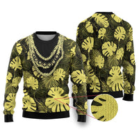 Yellow Hawaii Kukui Nut Lei Ugly Christmas Sweater Hawaiian Pattern Monstera Tropical Vibes LT14 Yellow - Polynesian Pride
