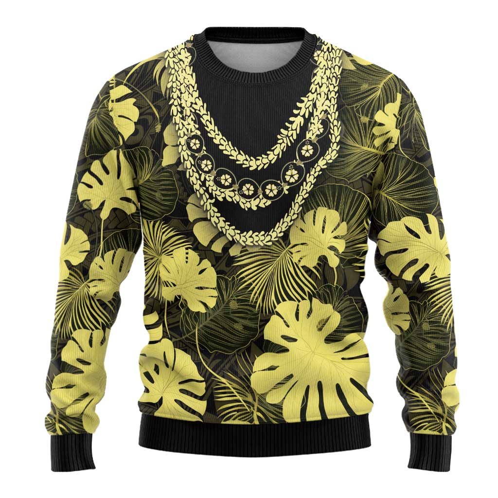 Yellow Hawaii Kukui Nut Lei Ugly Christmas Sweater Hawaiian Pattern Monstera Tropical Vibes LT14 - Polynesian Pride
