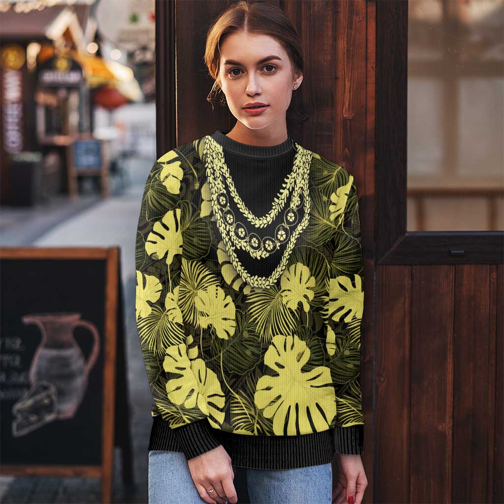Yellow Hawaii Kukui Nut Lei Ugly Christmas Sweater Hawaiian Pattern Monstera Tropical Vibes LT14 - Polynesian Pride
