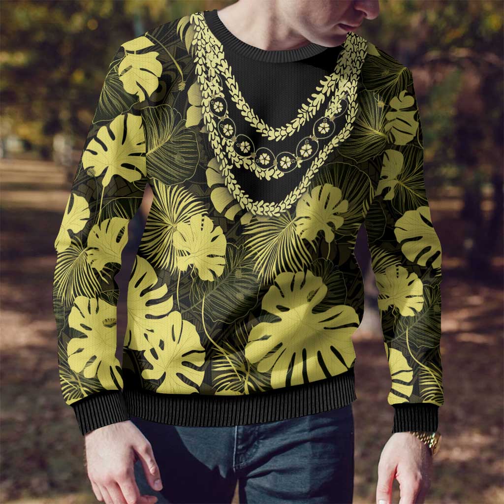 Yellow Hawaii Kukui Nut Lei Ugly Christmas Sweater Hawaiian Pattern Monstera Tropical Vibes LT14 - Polynesian Pride