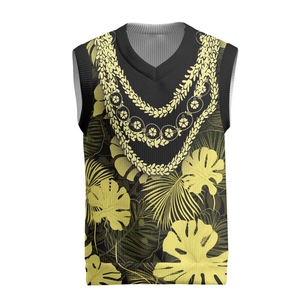 Yellow Hawaii Kukui Nut Lei Christmas Knitted V-Neck Vest Hawaiian Pattern Monstera Tropical Vibes LT14 Yellow - Polynesian Pride