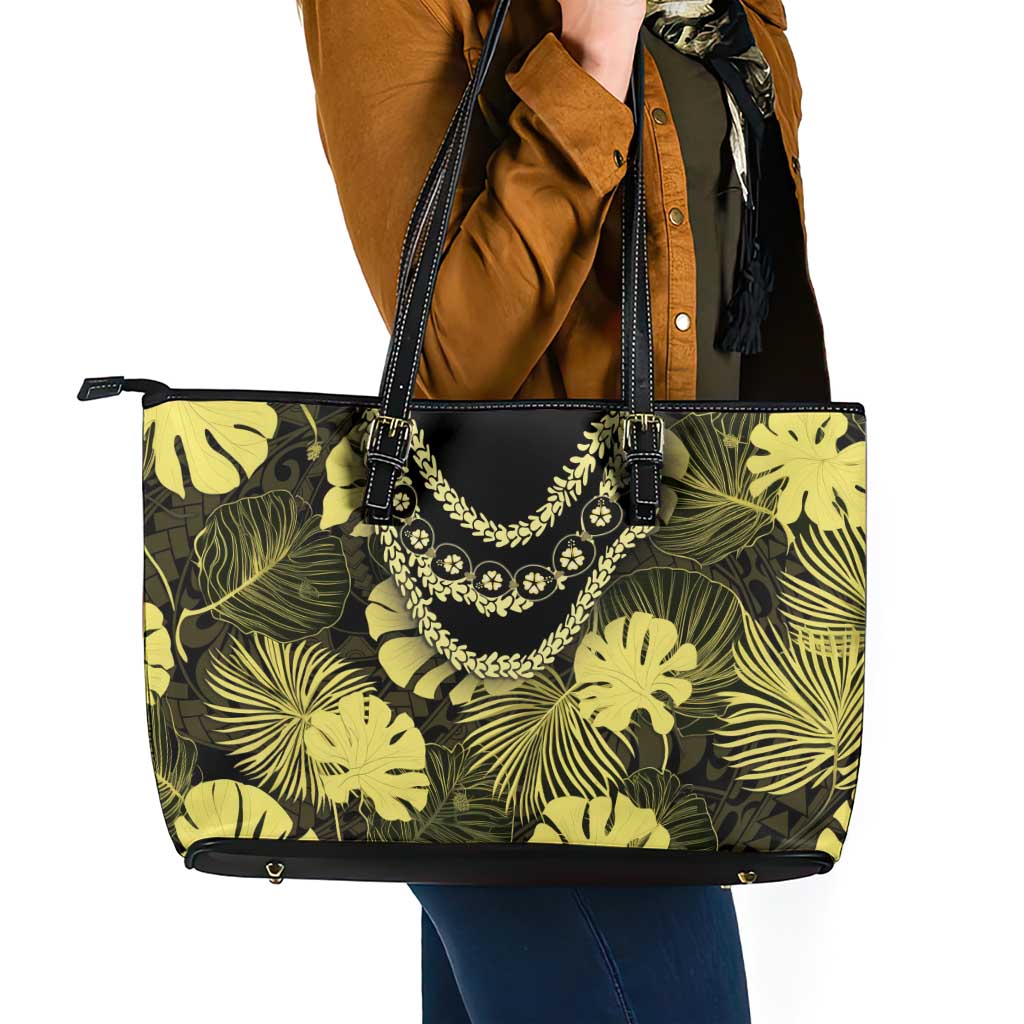 Yellow Hawaii Kukui Nut Lei Leather Tote Bag Hawaiian Pattern Monstera Tropical Vibes LT14 - Polynesian Pride