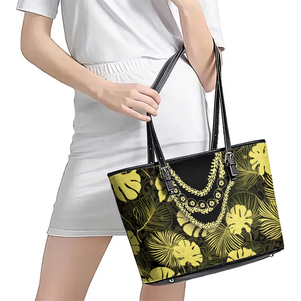 Yellow Hawaii Kukui Nut Lei Leather Tote Bag Hawaiian Pattern Monstera Tropical Vibes LT14 - Polynesian Pride