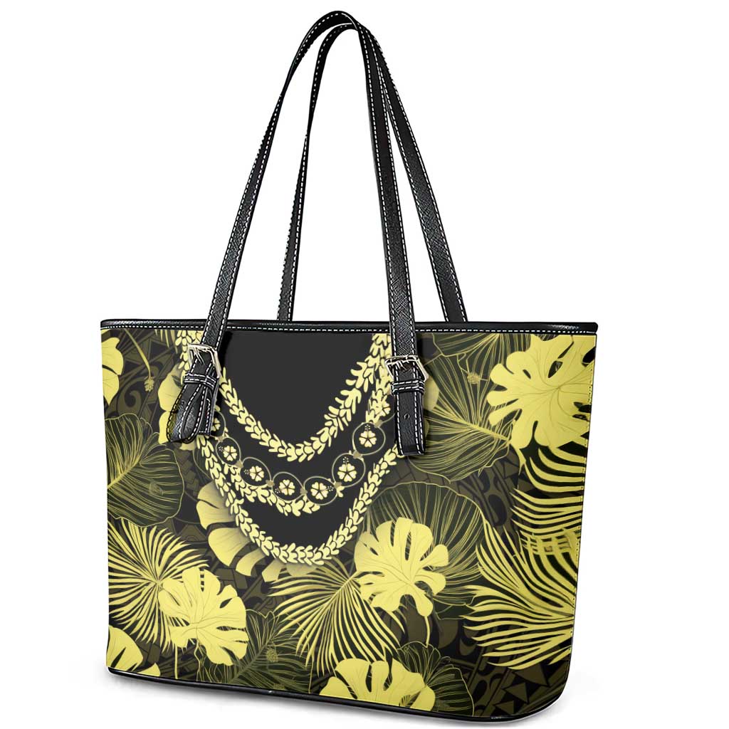 Yellow Hawaii Kukui Nut Lei Leather Tote Bag Hawaiian Pattern Monstera Tropical Vibes LT14 - Polynesian Pride