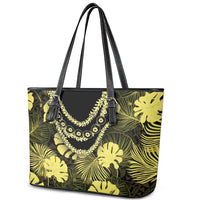 Yellow Hawaii Kukui Nut Lei Leather Tote Bag Hawaiian Pattern Monstera Tropical Vibes LT14 - Polynesian Pride