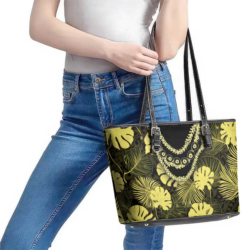 Yellow Hawaii Kukui Nut Lei Leather Tote Bag Hawaiian Pattern Monstera Tropical Vibes LT14 - Polynesian Pride