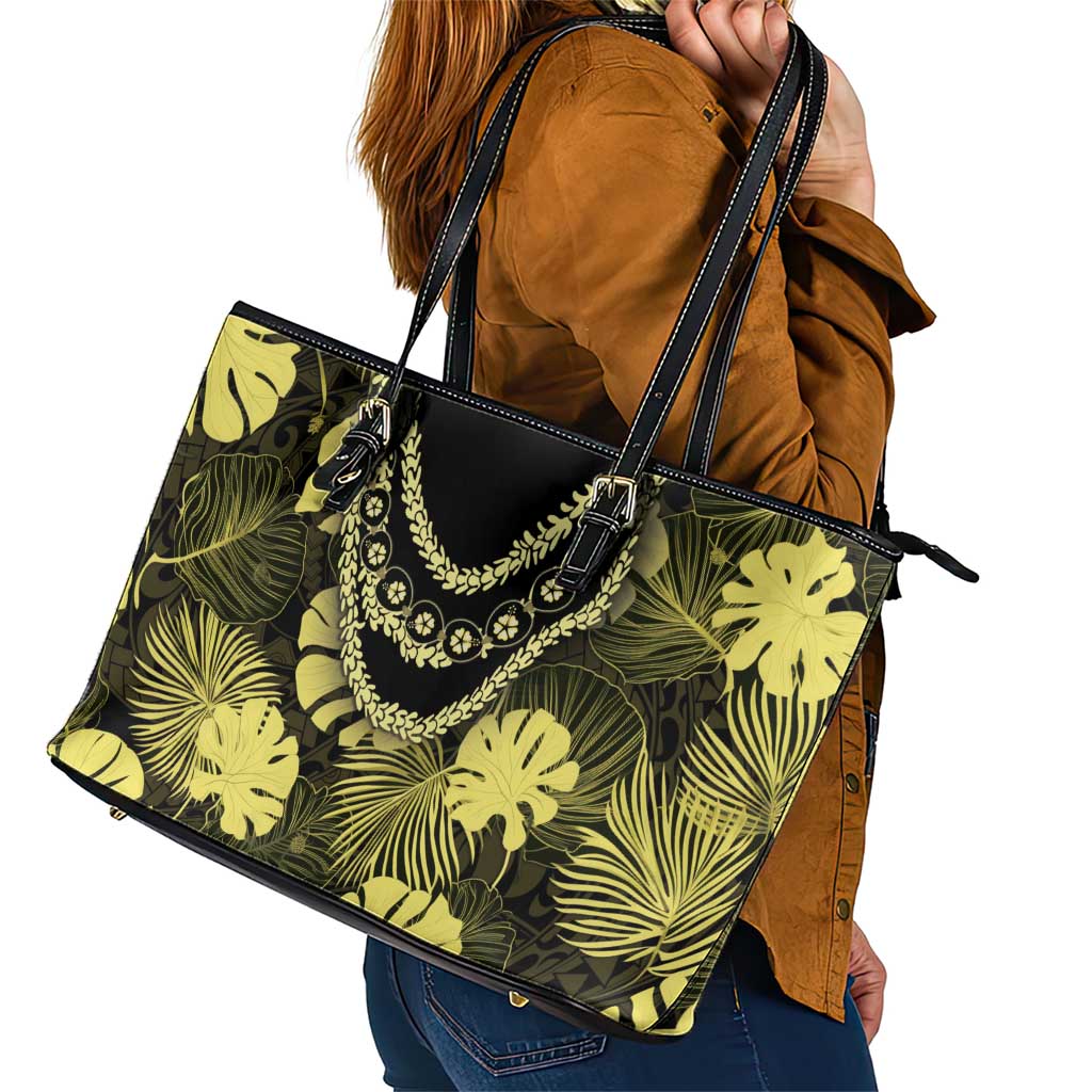 Yellow Hawaii Kukui Nut Lei Leather Tote Bag Hawaiian Pattern Monstera Tropical Vibes LT14 - Polynesian Pride