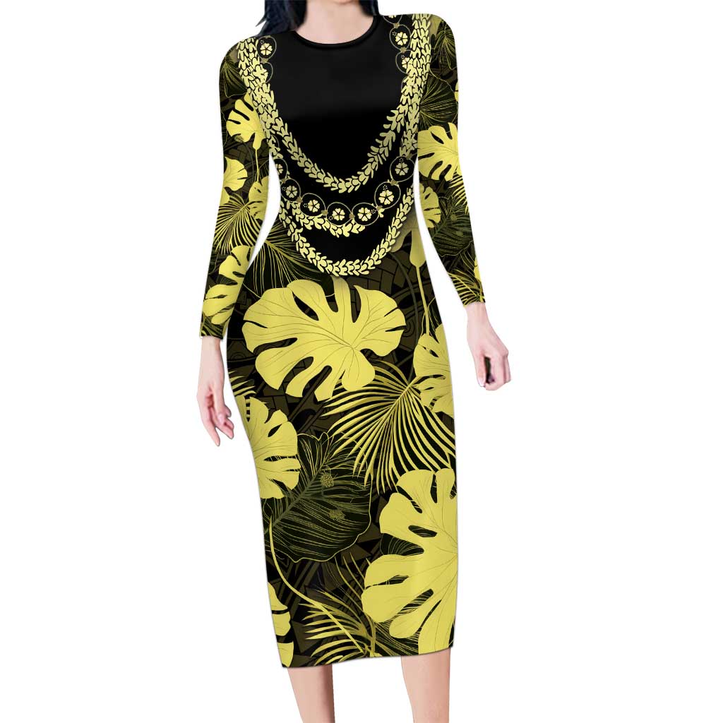 Yellow Hawaii Kukui Nut Lei Long Sleeve Bodycon Dress Hawaiian Pattern Monstera Tropical Vibes LT14 Long Dress Yellow - Polynesian Pride