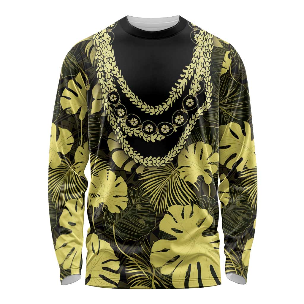 Yellow Hawaii Kukui Nut Lei Long Sleeve Shirt Hawaiian Pattern Monstera Tropical Vibes LT14 Unisex Yellow - Polynesian Pride