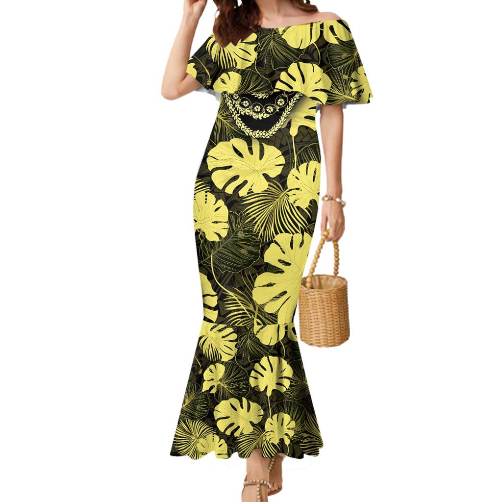 Yellow Hawaii Kukui Nut Lei Mermaid Dress Hawaiian Pattern Monstera Tropical Vibes LT14 Women Yellow - Polynesian Pride