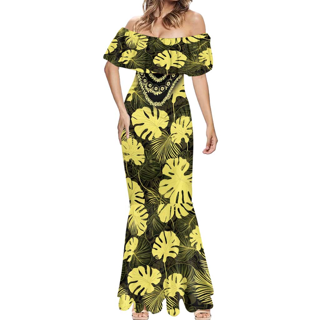 Yellow Hawaii Kukui Nut Lei Mermaid Dress Hawaiian Pattern Monstera Tropical Vibes LT14 - Polynesian Pride