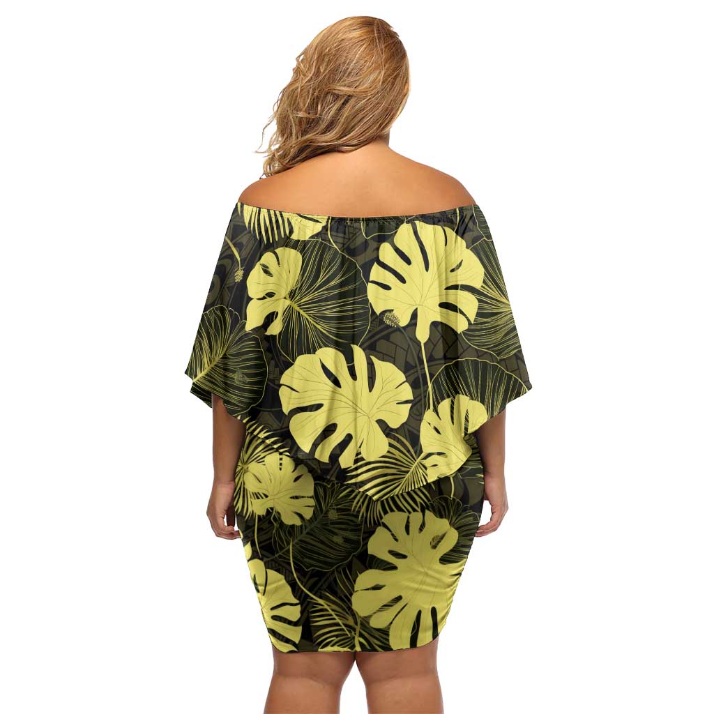 Yellow Hawaii Kukui Nut Lei Off Shoulder Short Dress Hawaiian Pattern Monstera Tropical Vibes LT14 - Polynesian Pride