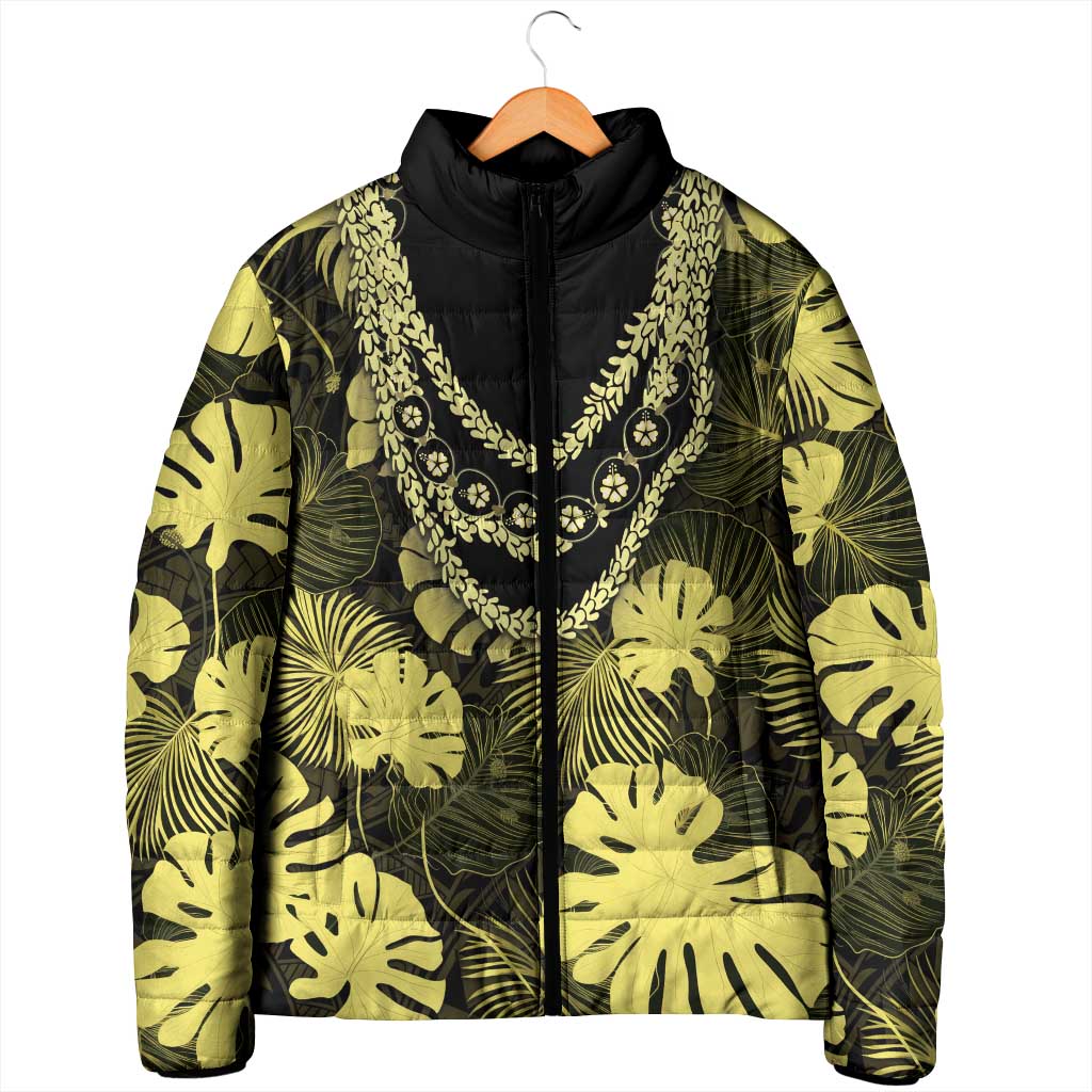 Yellow Hawaii Kukui Nut Lei Padded Jacket Hawaiian Pattern Monstera Tropical Vibes LT14 - Polynesian Pride