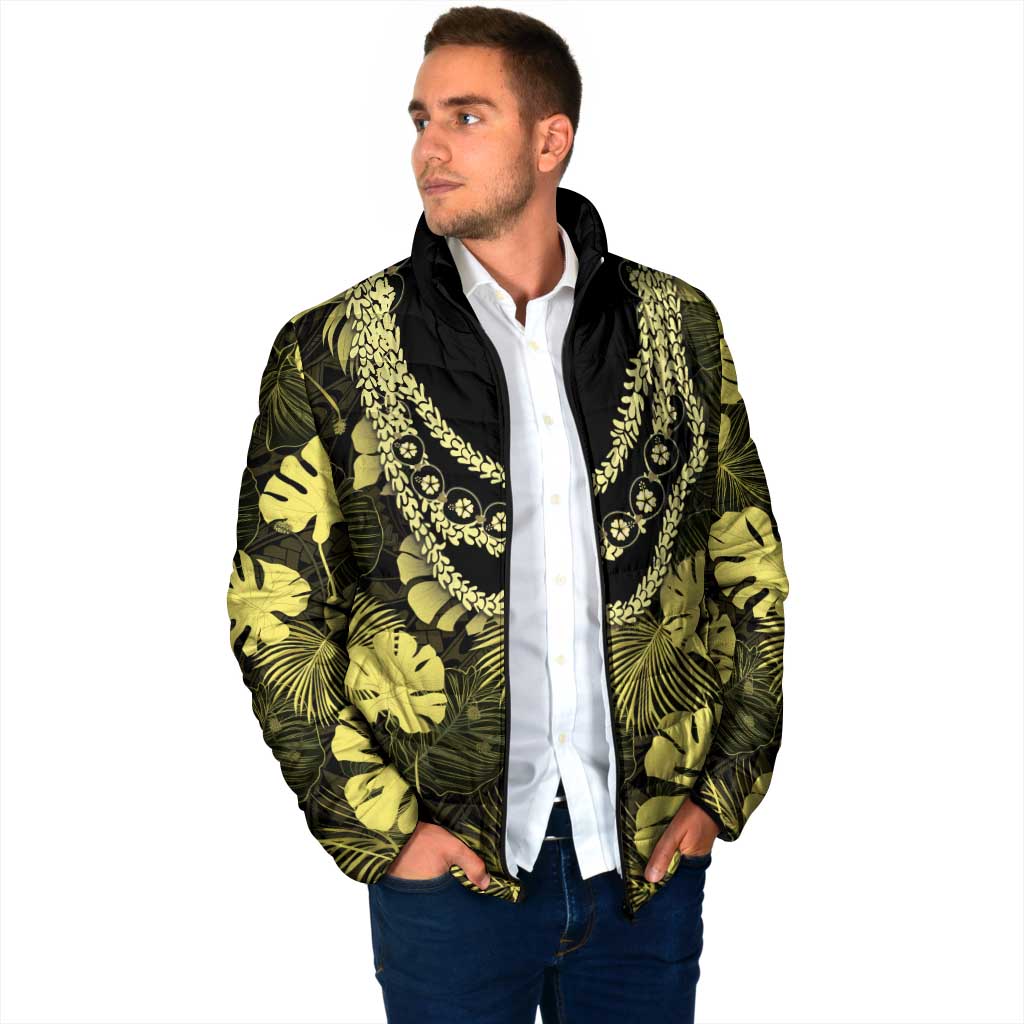 Yellow Hawaii Kukui Nut Lei Padded Jacket Hawaiian Pattern Monstera Tropical Vibes LT14 - Polynesian Pride