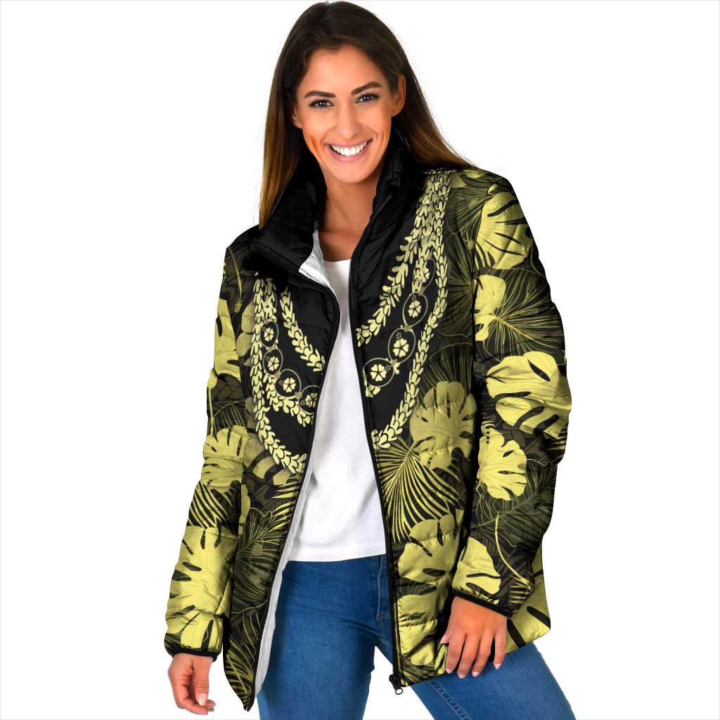 Yellow Hawaii Kukui Nut Lei Padded Jacket Hawaiian Pattern Monstera Tropical Vibes LT14 Women Yellow - Polynesian Pride