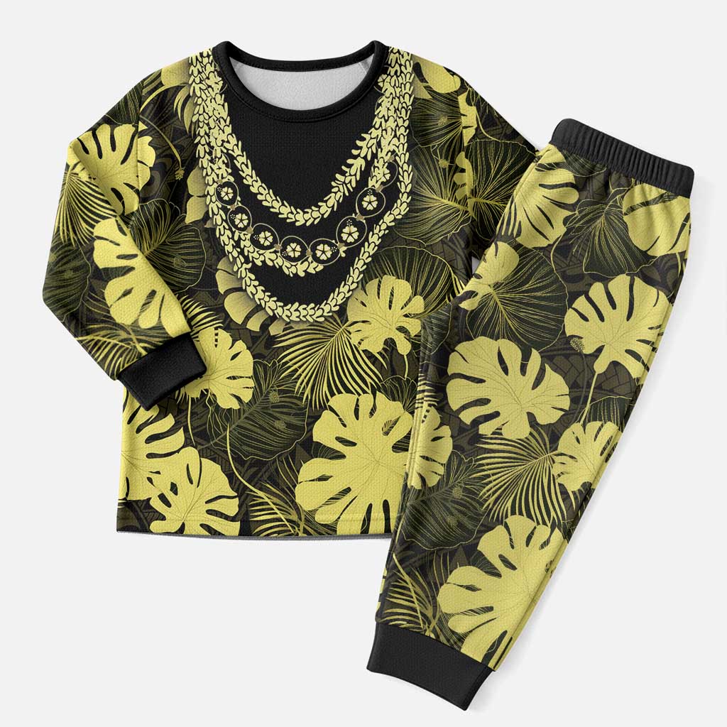 Yellow Hawaii Kukui Nut Lei Christmas Pajama Set Hawaiian Pattern Monstera Tropical Vibes LT14 Men Yellow - Polynesian Pride